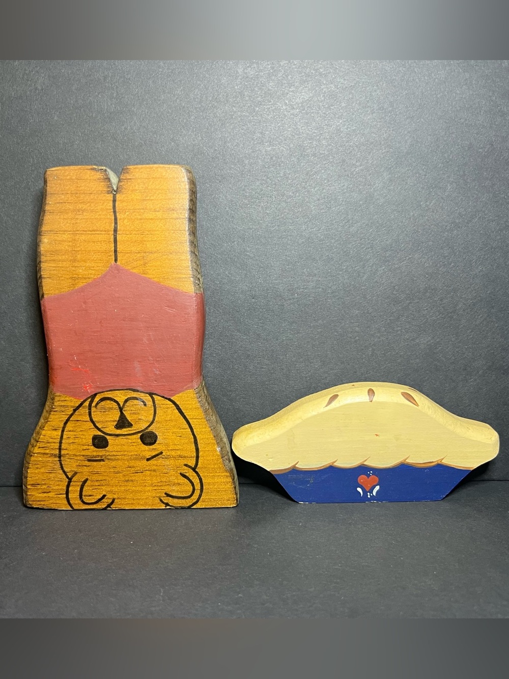 Vintage Lot of 2 Retro Hand Painted Wooden Handstanding Teddy Bear & Pie Plaques